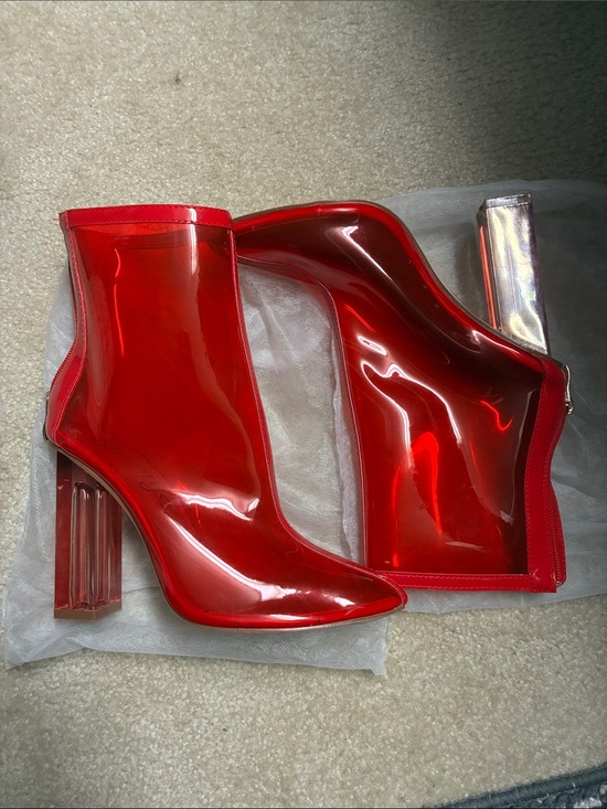 Fashion Nova Shoes - Fashion Nova Red Transparent Pointed-Toe Ankle Boots with Clear Block Heel